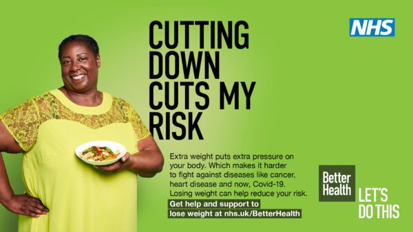 Cutting down cuts my risk - an ad featuring a woman of colour holding a bowl of healthy food