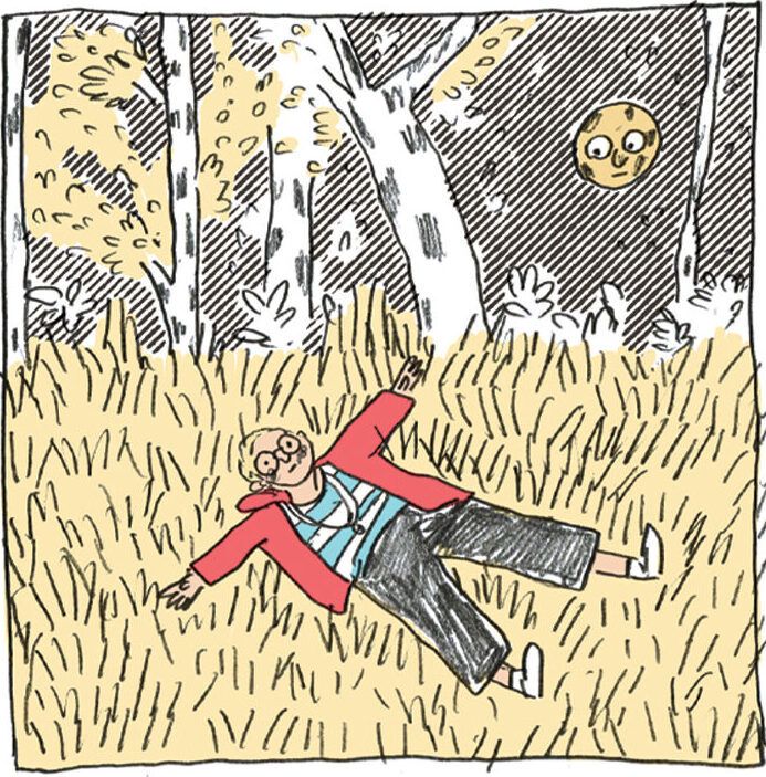 A cartoon style drawing of a blonde woman in a red jacket lying in a field staring up at the moon. The moon has a face and is looking back at the woman.