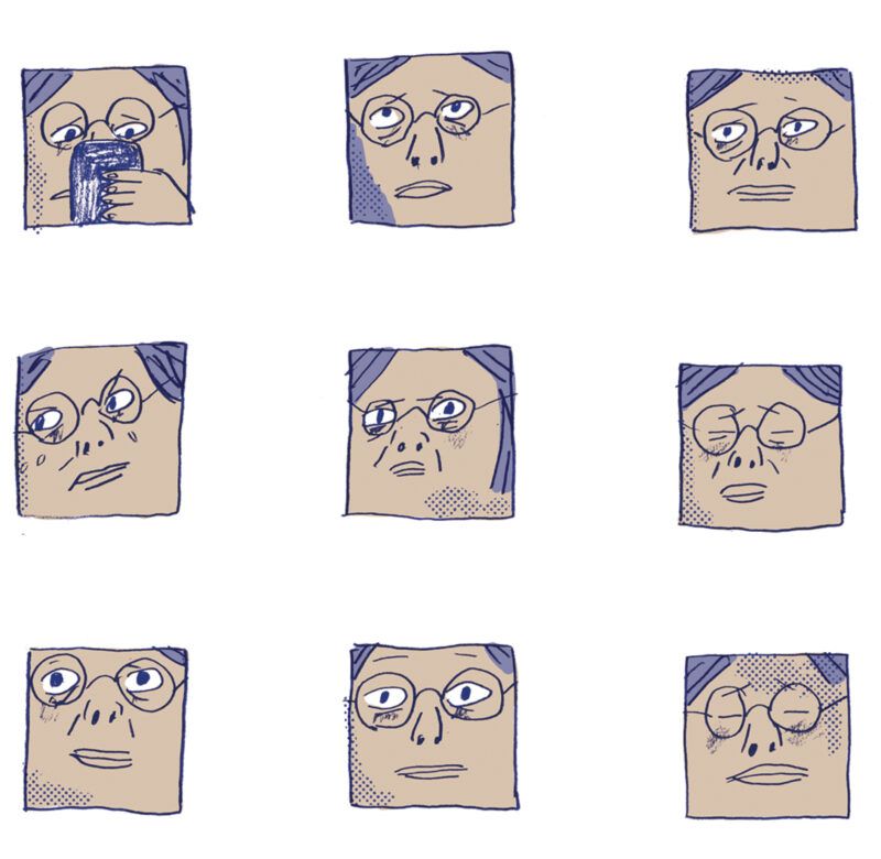 A series of nine sketches of a person a reading some information and then looking sad and frustrated.