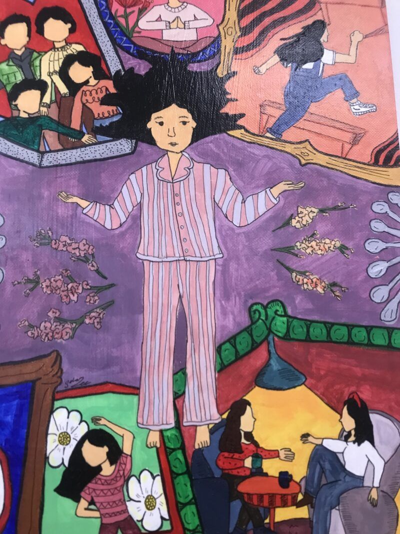 A painting of a girl lying in her pink and purple striped pyjamas surrounded by images of social activities including dancing, spending time with family and eating out with friends. There are a set of spoons on the borders.