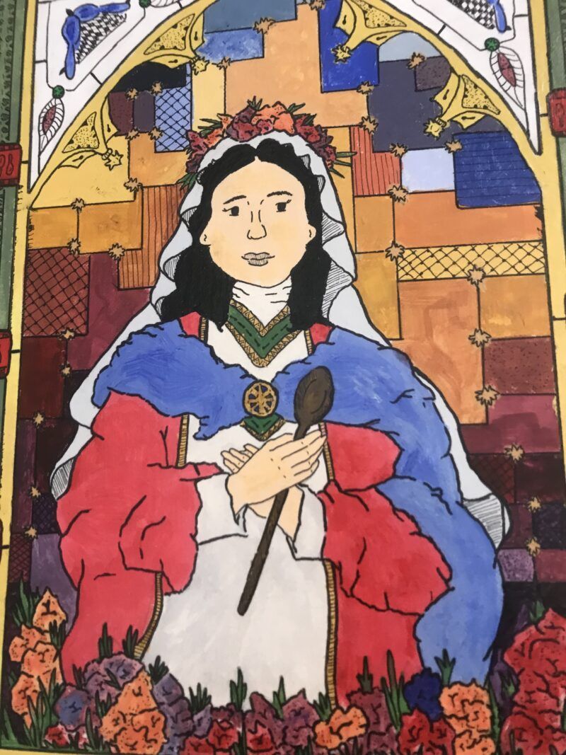 Painting of a young woman dressed as a saint holding a wooden spoon. She stands in front of a stained glass window and is decorated in flowers.