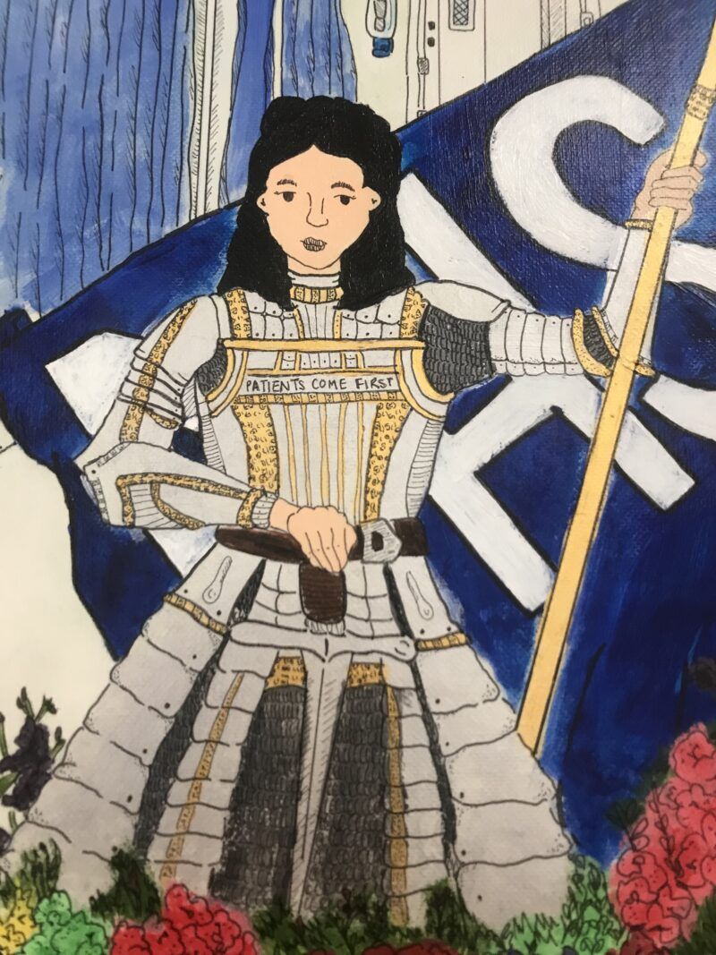 A painting of a young woman dressed in a suit of armour in front of an NHS flag
